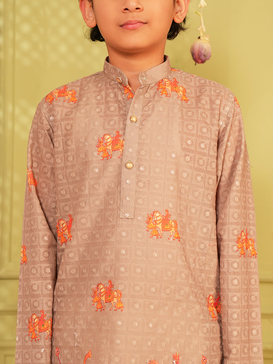 Orange Trendy Printed Chikankari Kurta and Pyjama For Boys