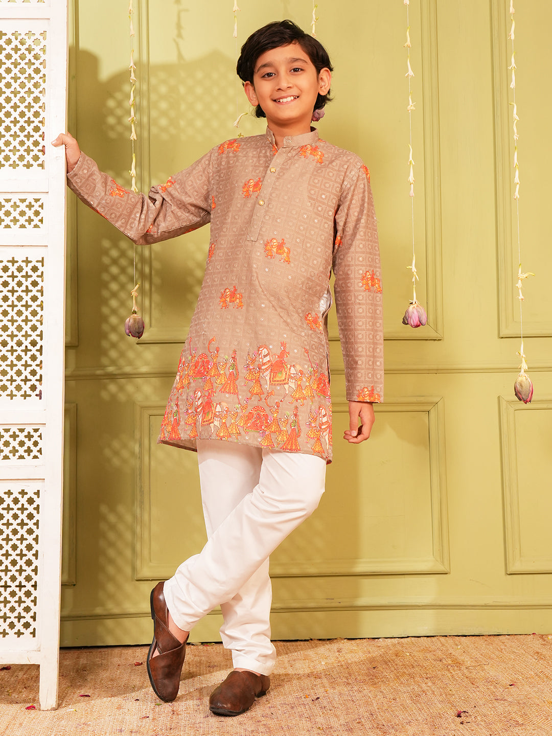 Orange Trendy Printed Chikankari Kurta and Pyjama For Boys