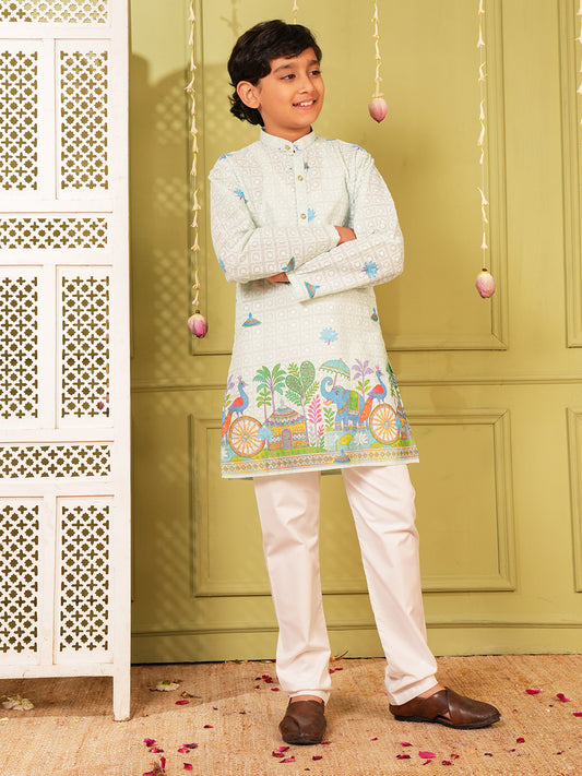 Sky Blue Trendy Printed Chikankari Kurta and Pyjama For Boys
