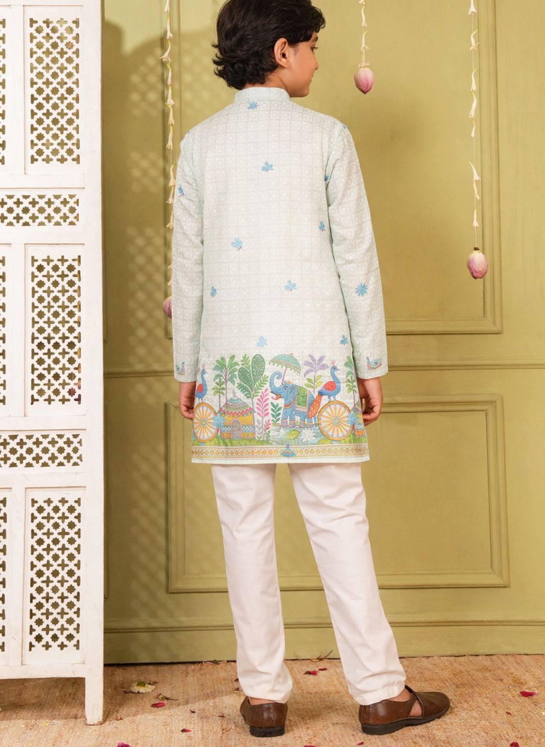 Sky Blue Trendy Printed Chikankari Kurta and Pyjama For Boys