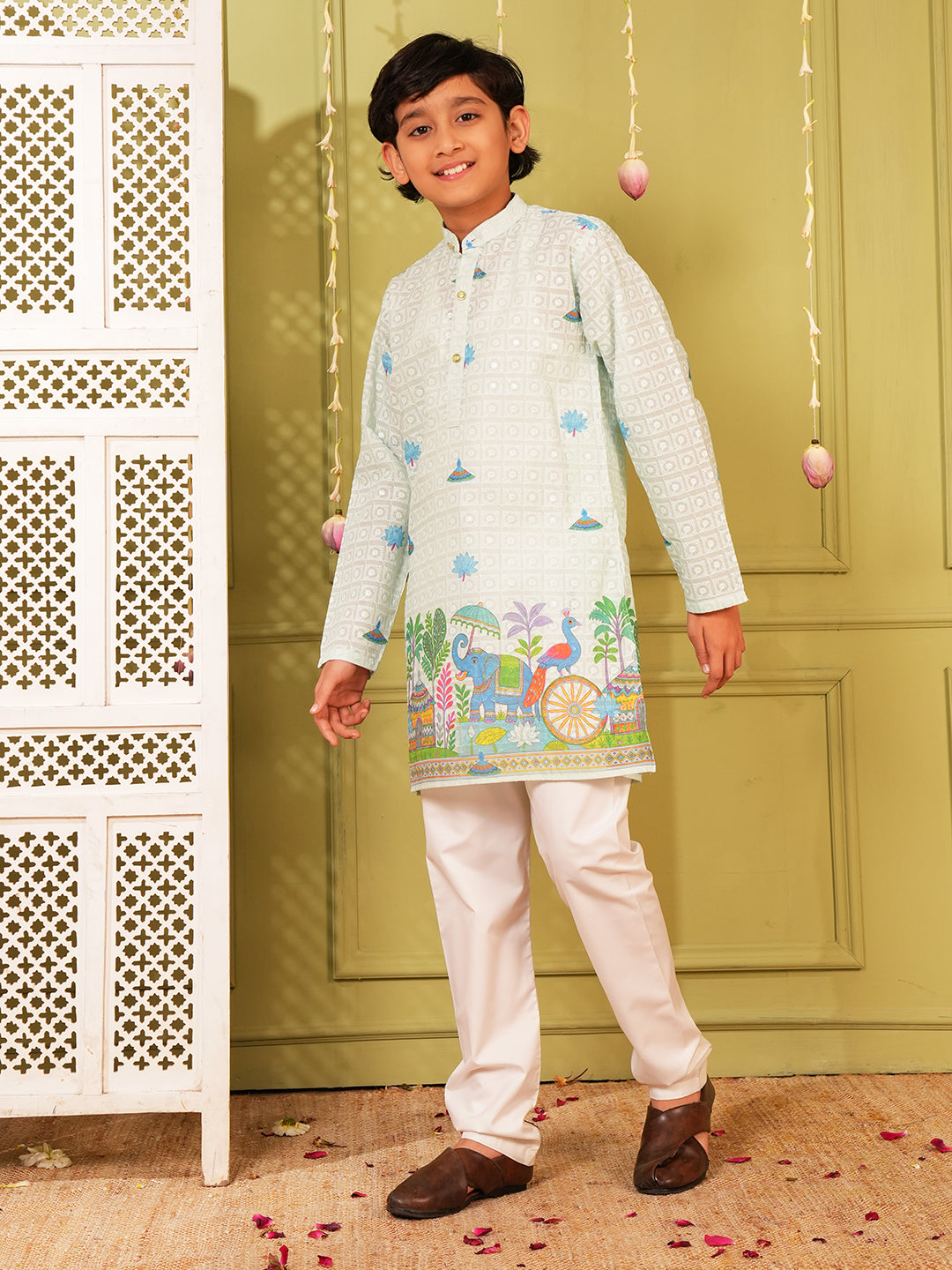 Sky Blue Trendy Printed Chikankari Kurta and Pyjama For Boys