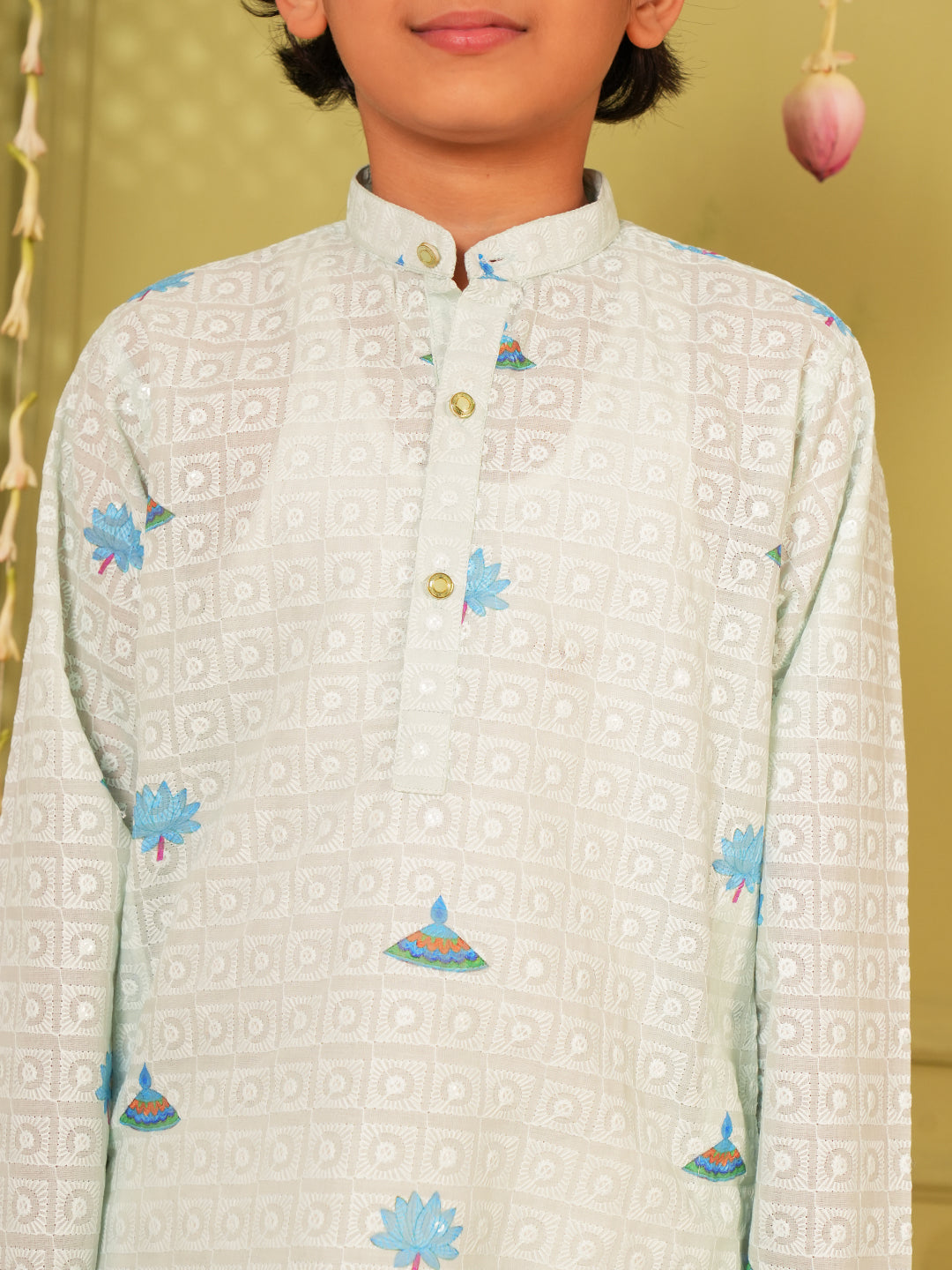 Sky Blue Trendy Printed Chikankari Kurta and Pyjama For Boys