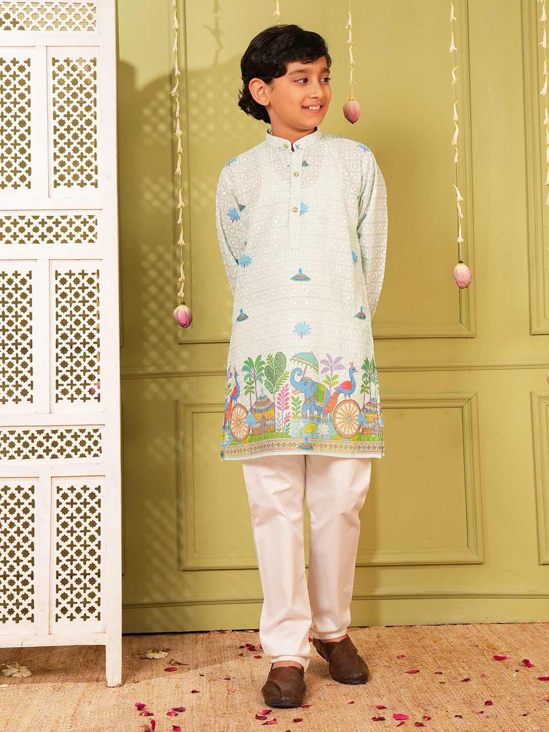 Sky Blue Trendy Printed Chikankari Kurta and Pyjama For Boys