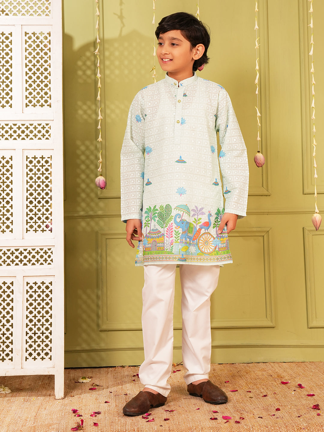 Sky Blue Trendy Printed Chikankari Kurta and Pyjama For Boys