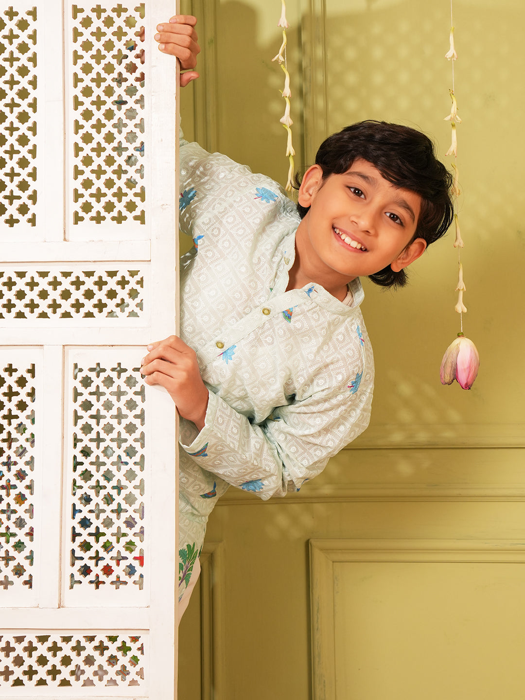 Sky Blue Trendy Printed Chikankari Kurta and Pyjama For Boys