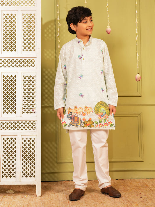 Blue Trendy Printed Chikankari Kurta and Pyjama For Boys