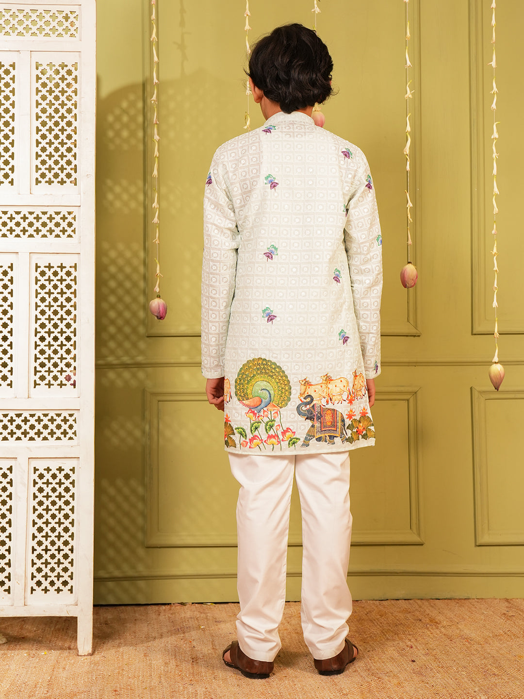 Blue Trendy Printed Chikankari Kurta and Pyjama For Boys