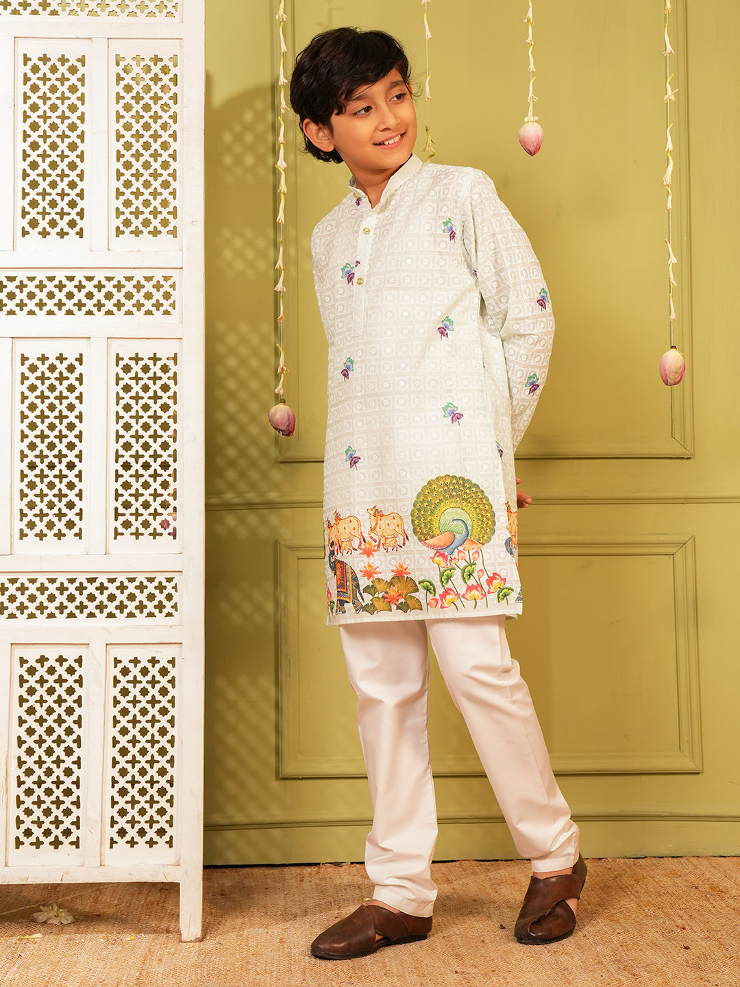 Blue Trendy Printed Chikankari Kurta and Pyjama For Boys