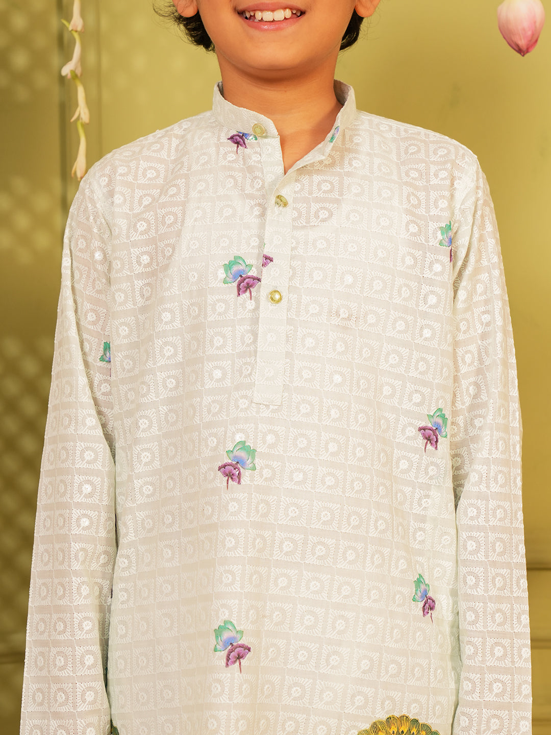 Blue Trendy Printed Chikankari Kurta and Pyjama For Boys