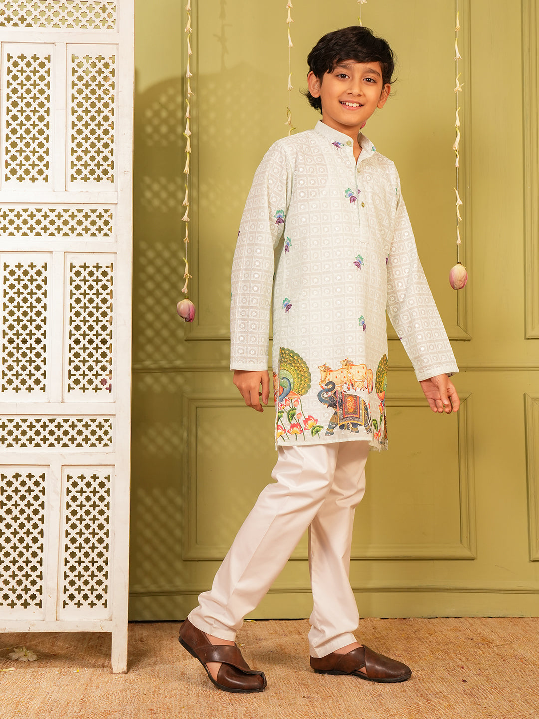 Blue Trendy Printed Chikankari Kurta and Pyjama For Boys