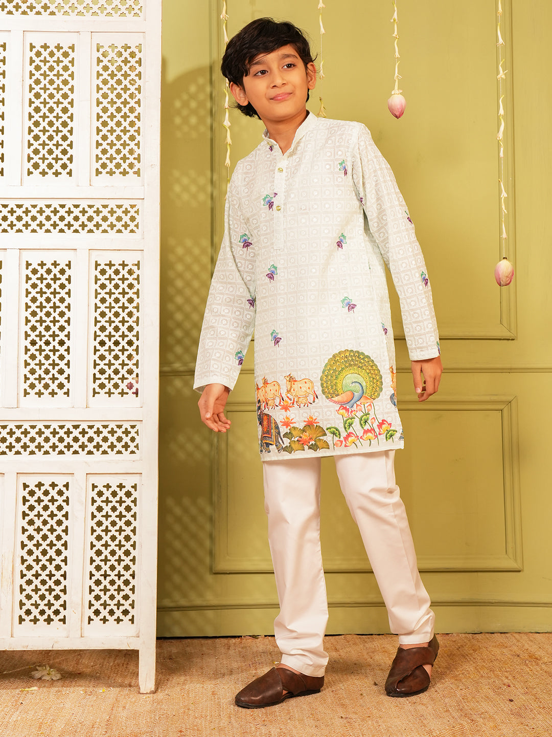 Blue Trendy Printed Chikankari Kurta and Pyjama For Boys