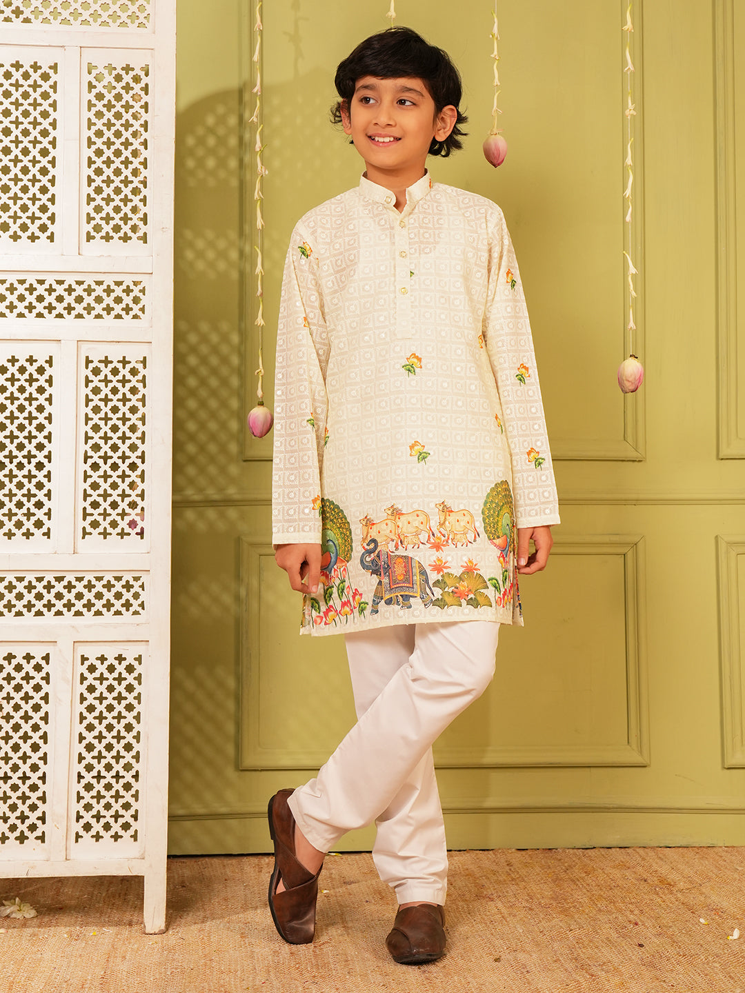 Yellow Trendy Printed Chikankari Kurta and Pyjama For Boys