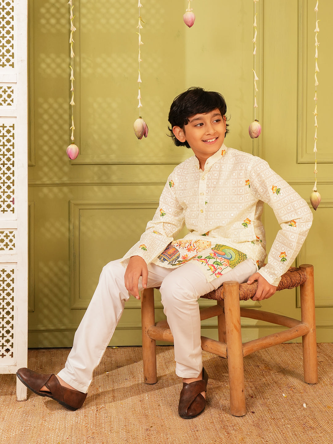 Yellow Trendy Printed Chikankari Kurta and Pyjama For Boys
