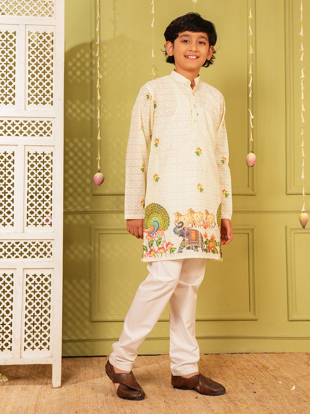 Yellow Trendy Printed Chikankari Kurta and Pyjama For Boys