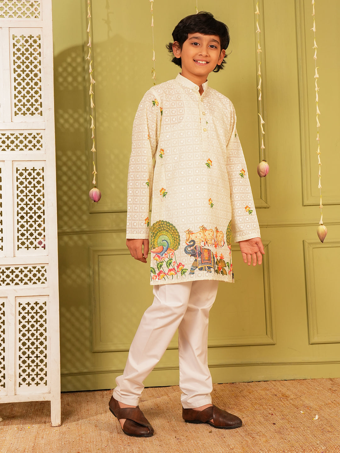 Yellow Trendy Printed Chikankari Kurta and Pyjama For Boys