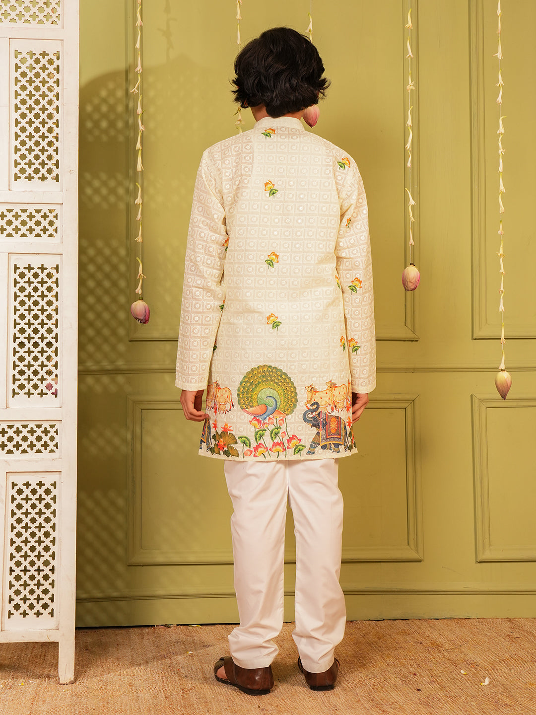Yellow Trendy Printed Chikankari Kurta and Pyjama For Boys