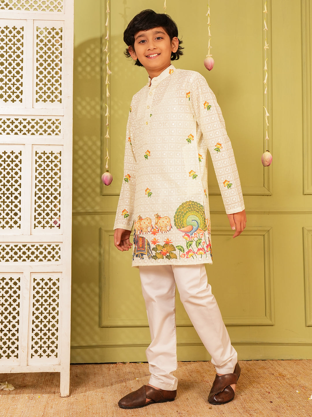Yellow Trendy Printed Chikankari Kurta and Pyjama For Boys