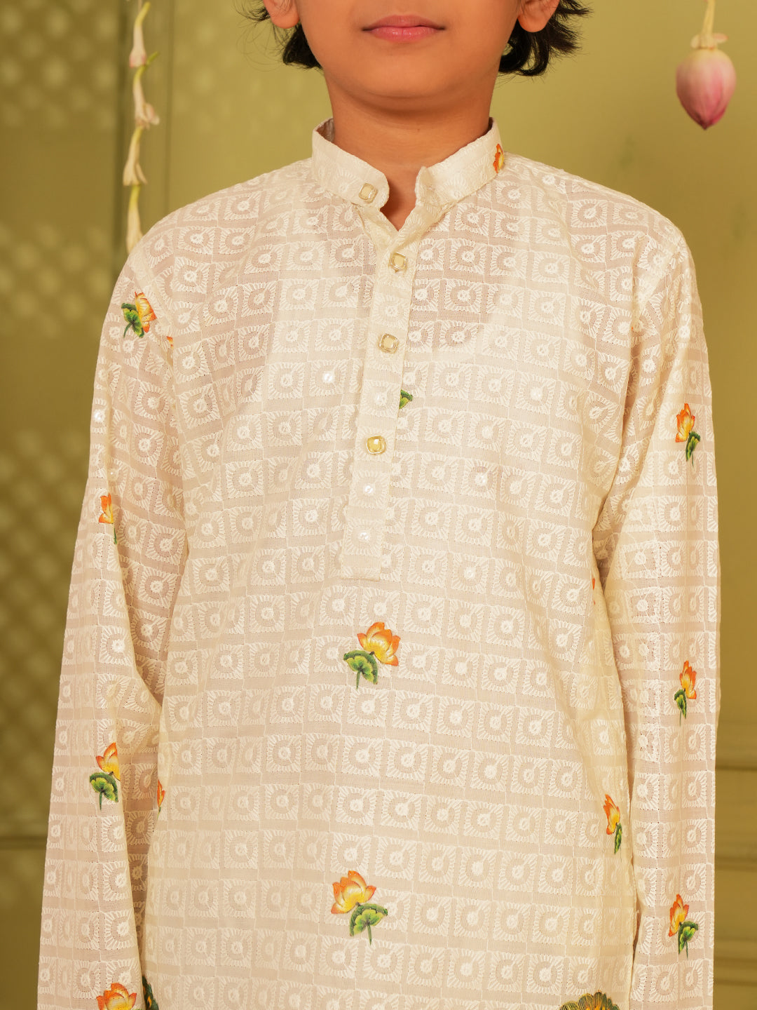 Yellow Trendy Printed Chikankari Kurta and Pyjama For Boys