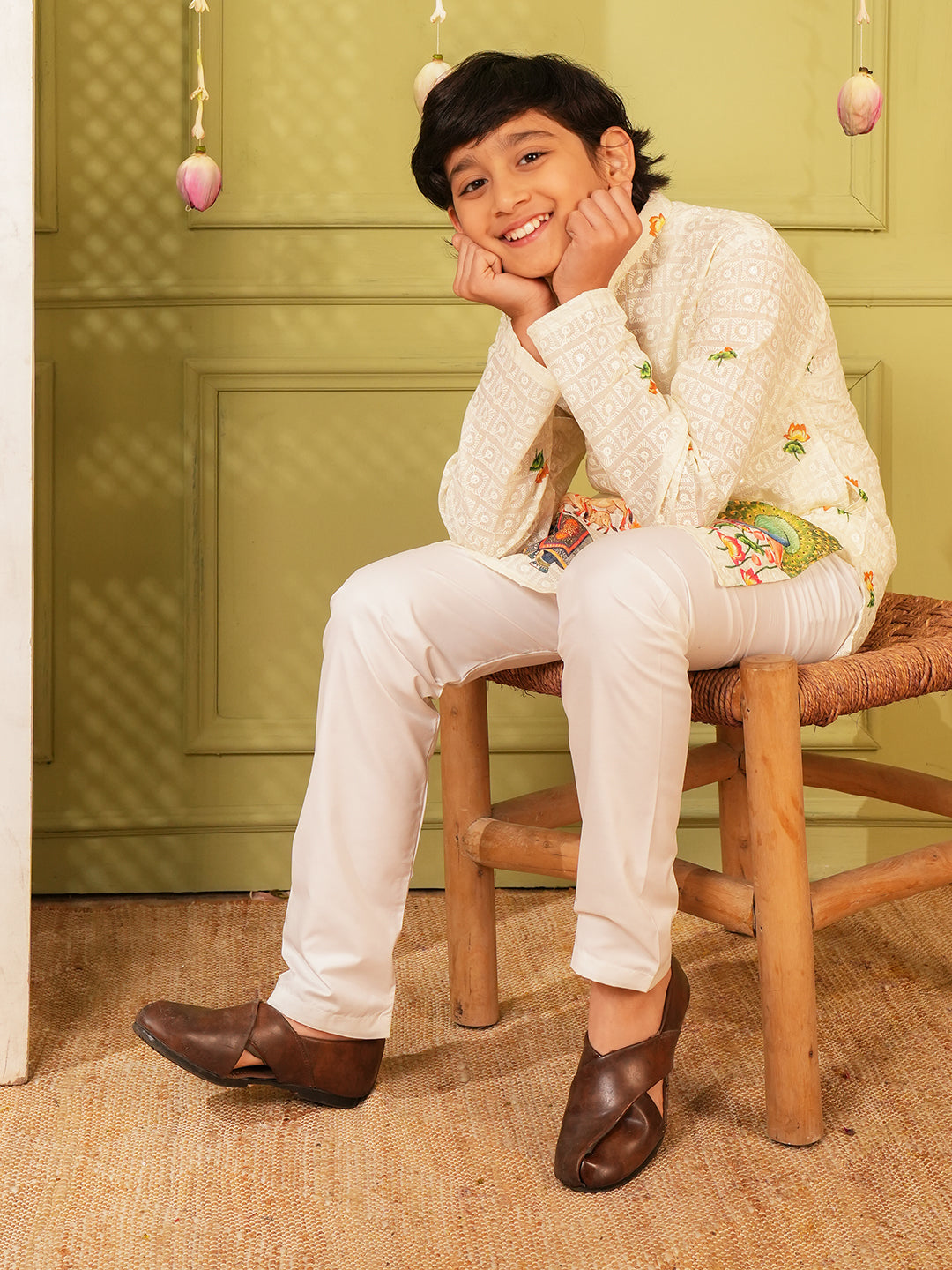 Yellow Trendy Printed Chikankari Kurta and Pyjama For Boys