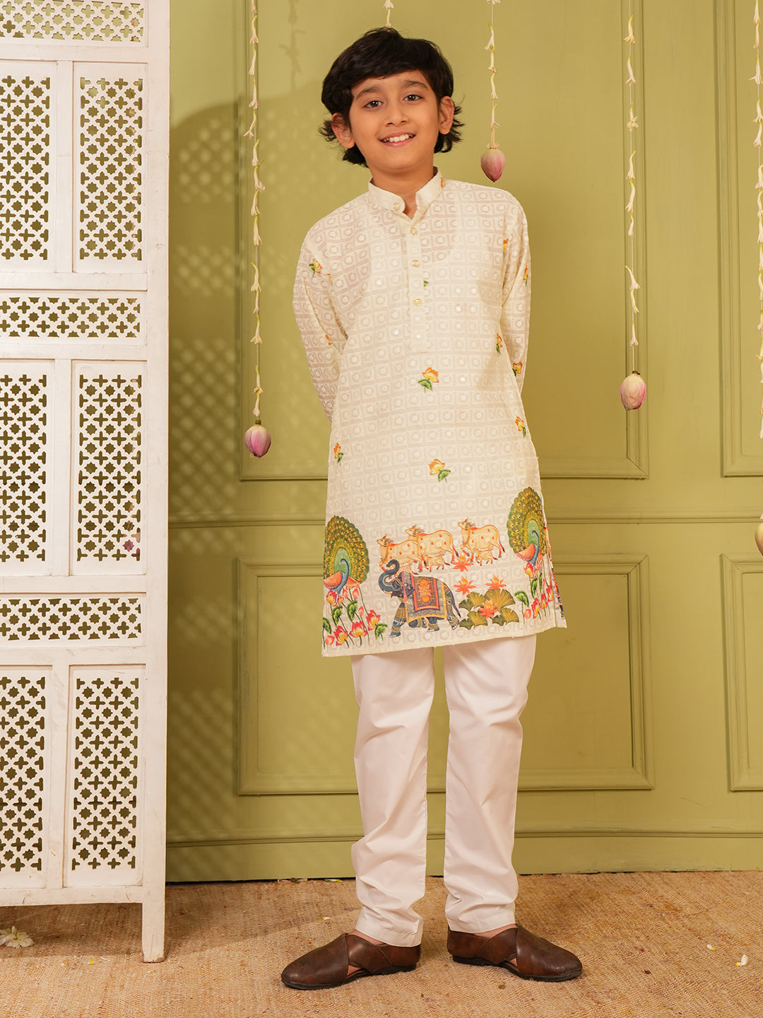 Yellow Trendy Printed Chikankari Kurta and Pyjama For Boys