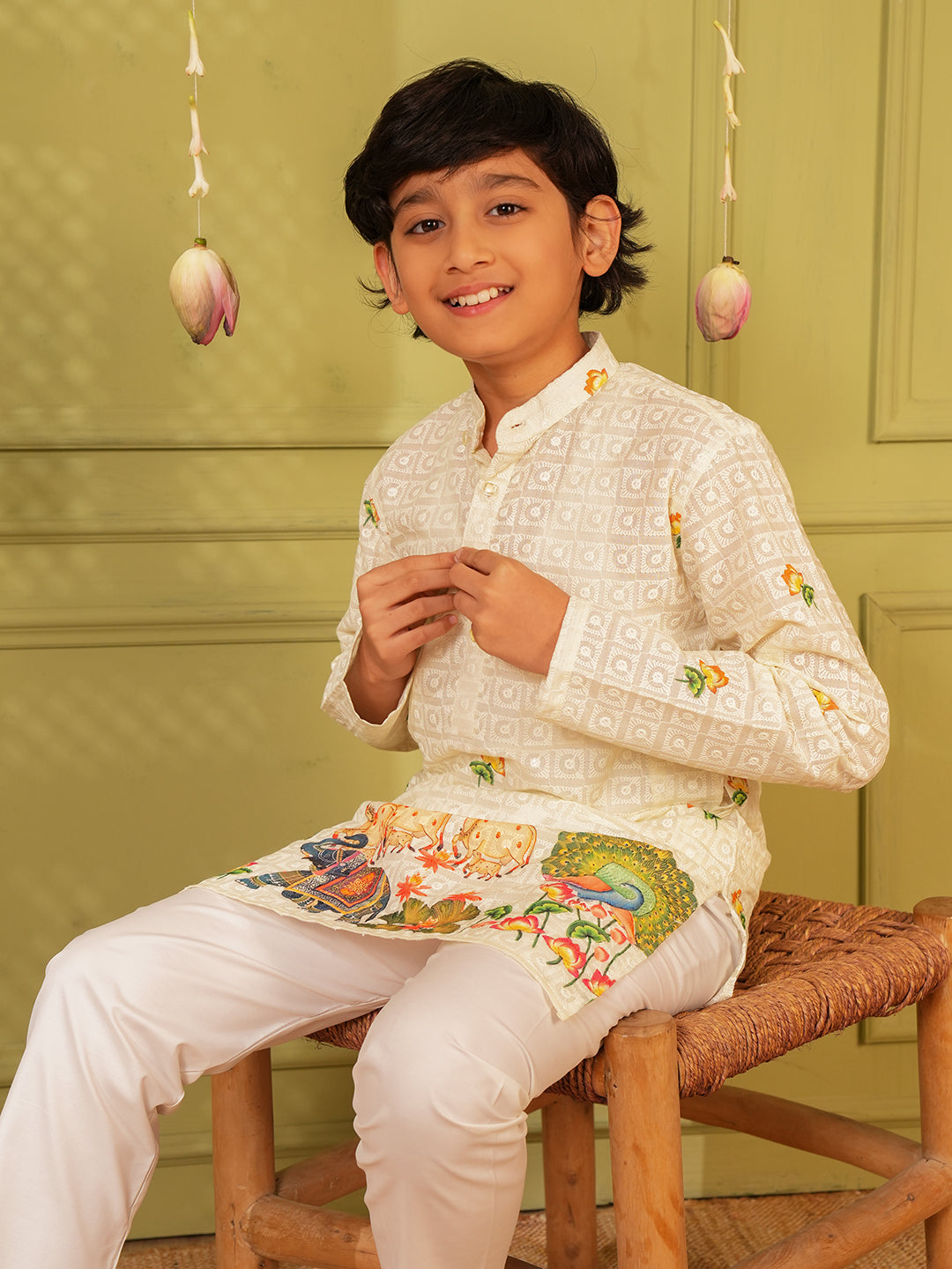 Yellow Trendy Printed Chikankari Kurta and Pyjama For Boys