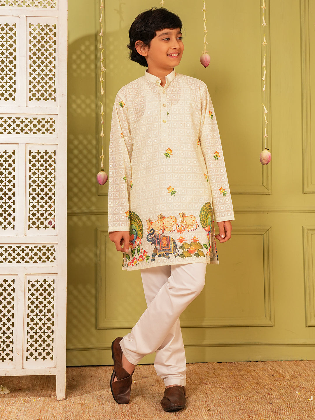 Yellow Trendy Printed Chikankari Kurta and Pyjama For Boys