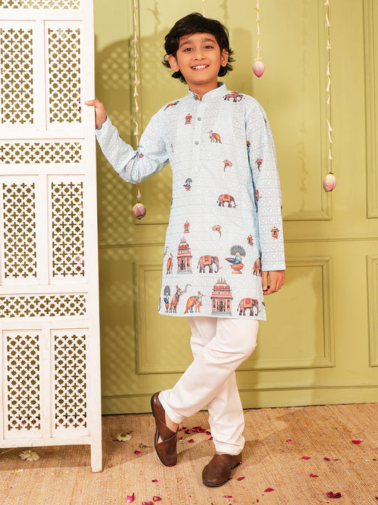 Blue Trendy Printed Chikankari Kurta and Pyjama For Boys