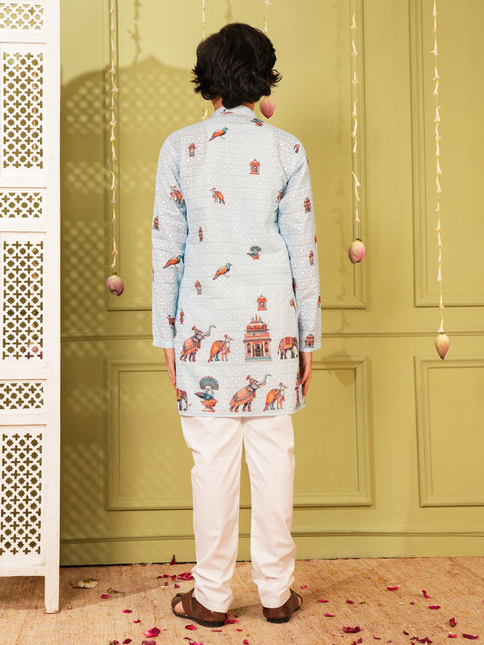 Blue Trendy Printed Chikankari Kurta and Pyjama For Boys