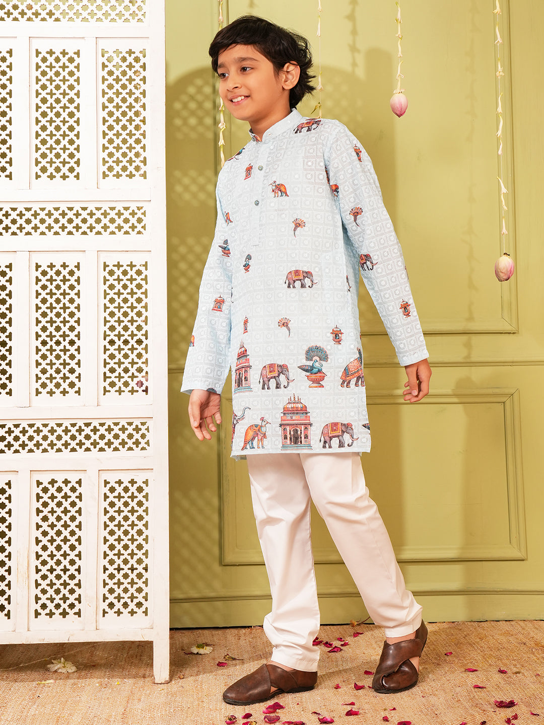 Blue Trendy Printed Chikankari Kurta and Pyjama For Boys