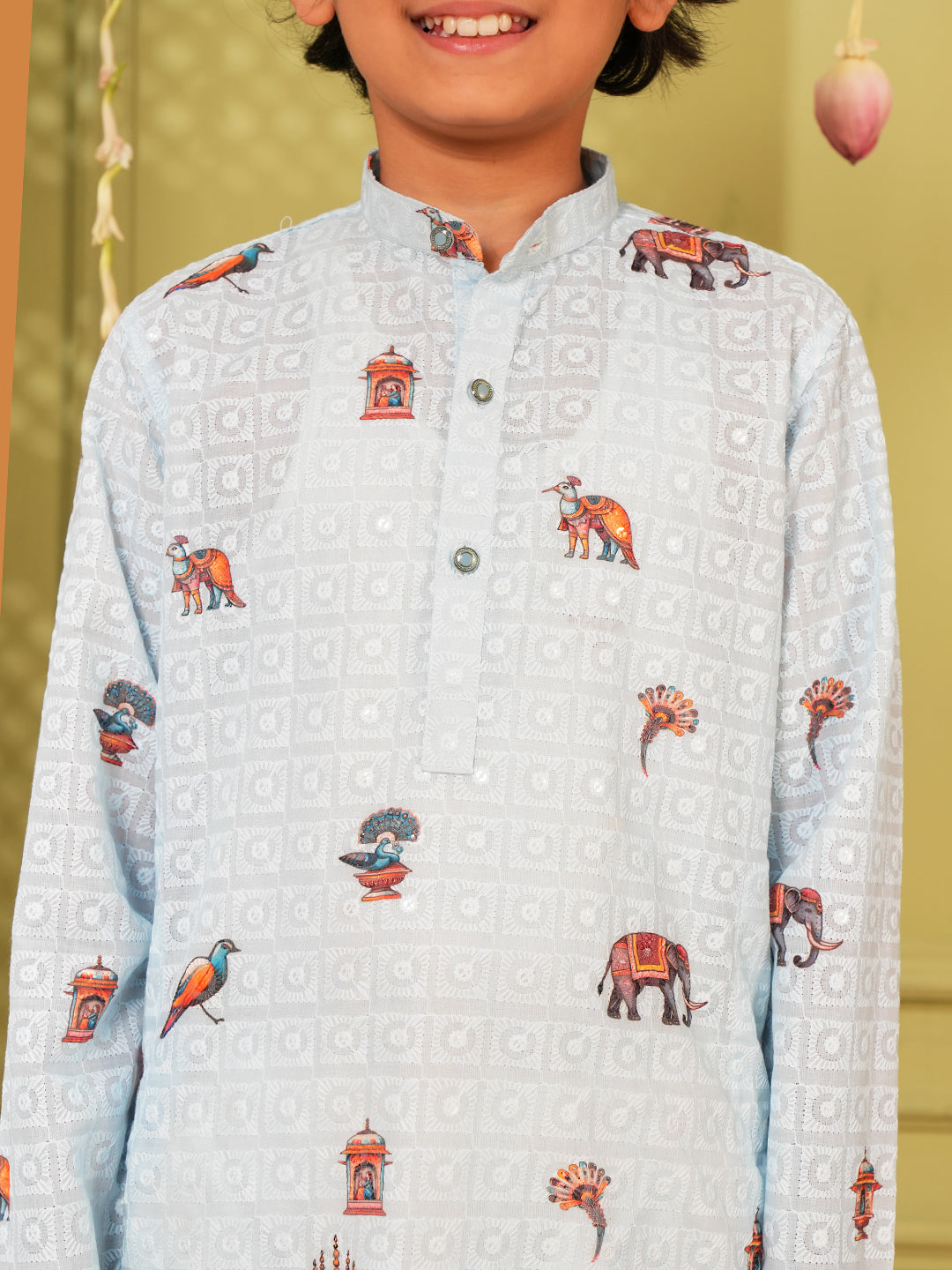 Blue Trendy Printed Chikankari Kurta and Pyjama For Boys