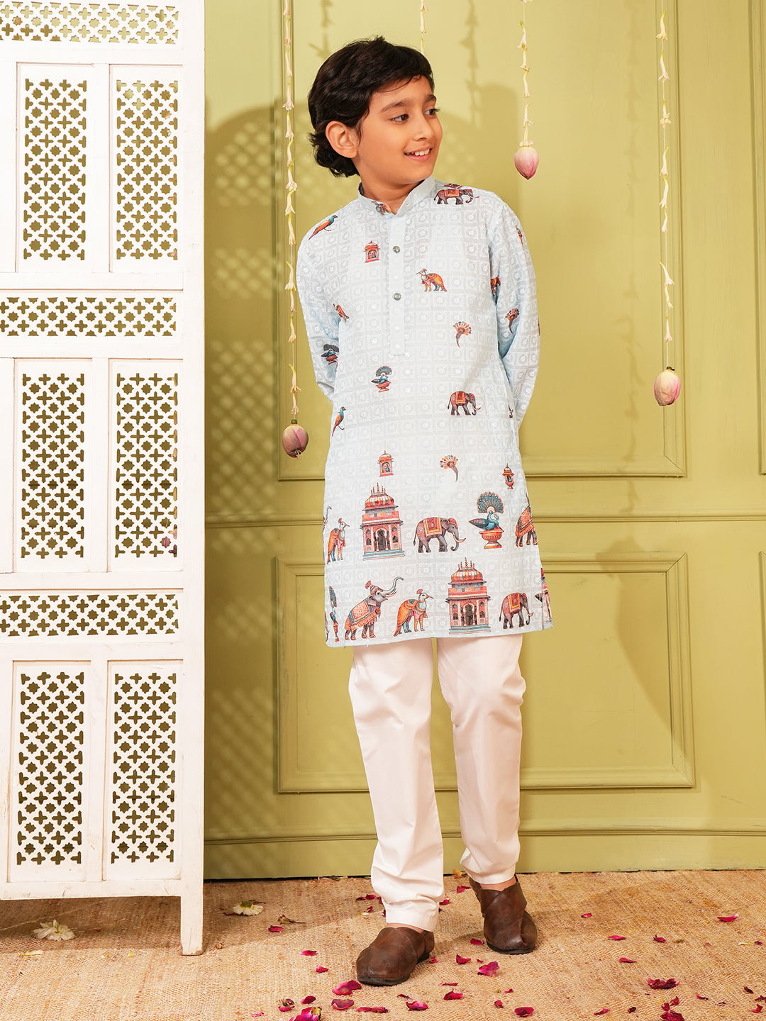 Blue Trendy Printed Chikankari Kurta and Pyjama For Boys