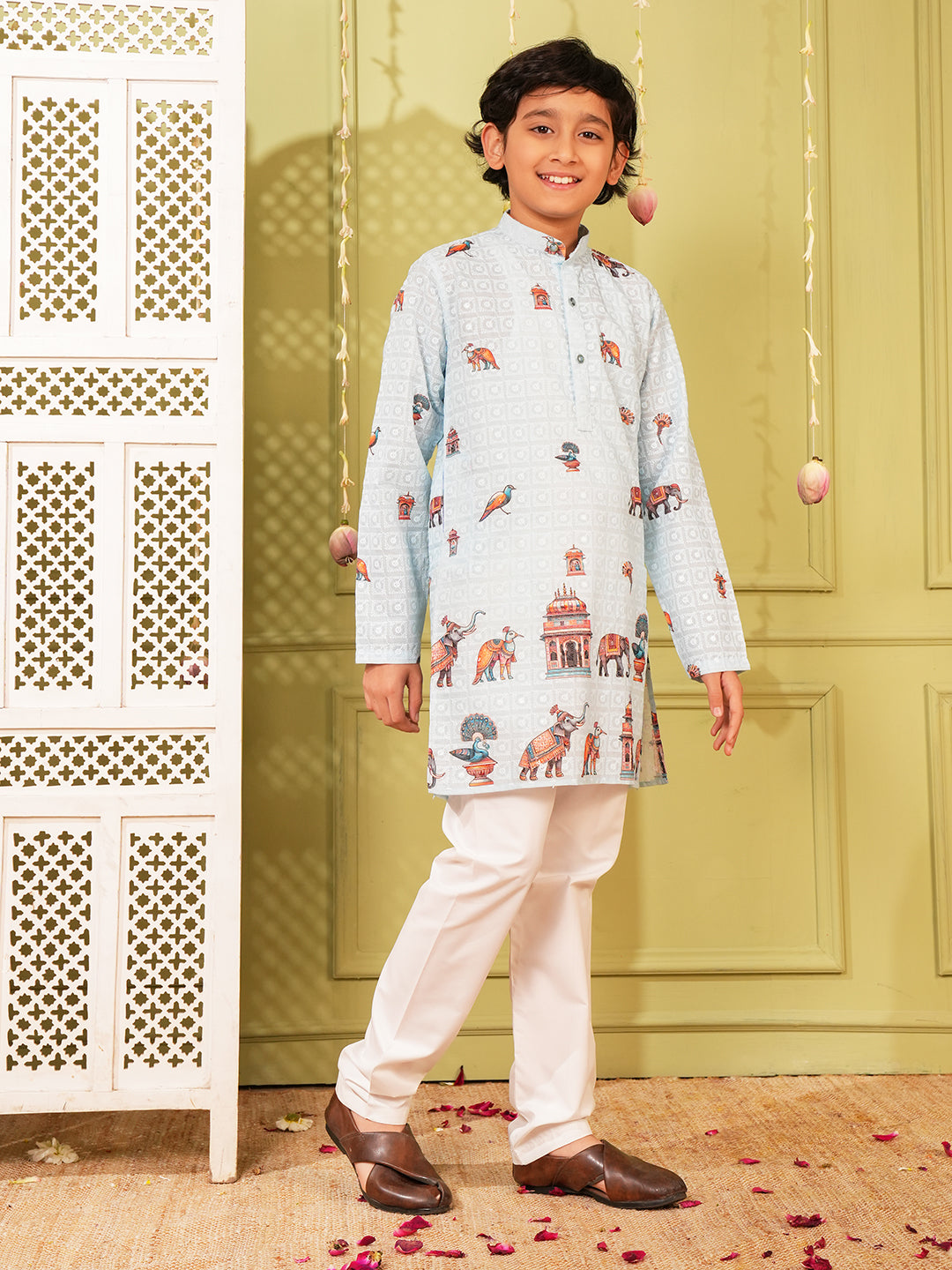 Blue Trendy Printed Chikankari Kurta and Pyjama For Boys