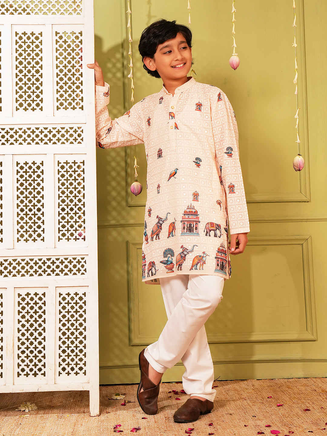 Cream Trendy Printed Chikankari Kurta and Pyjama For Boys
