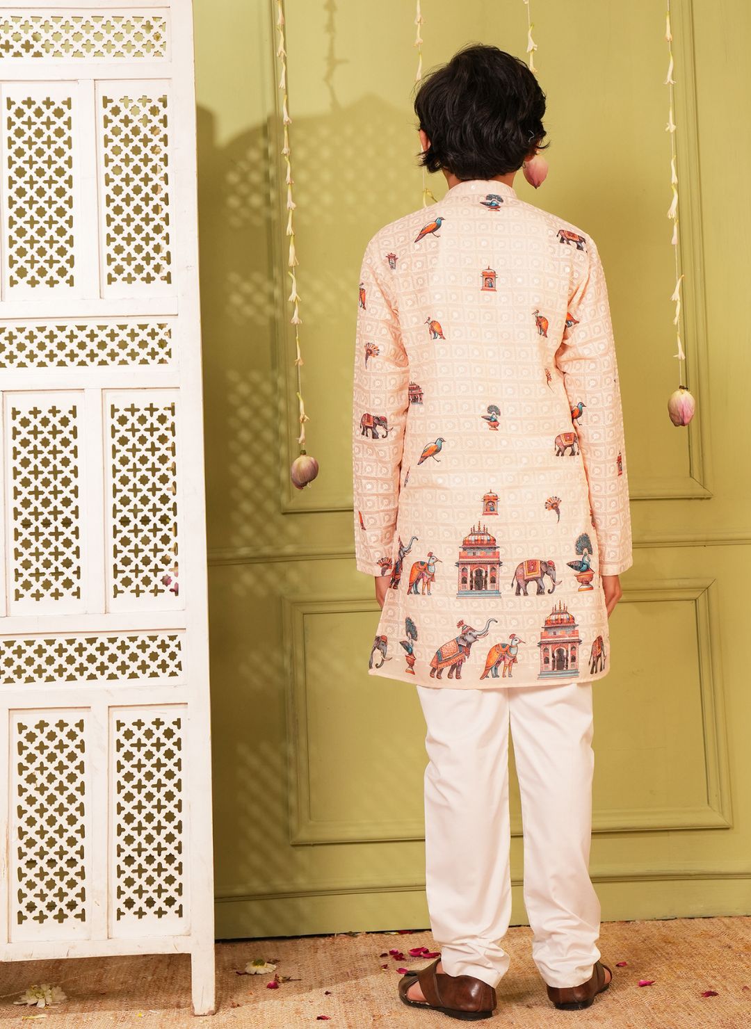 Cream Trendy Printed Chikankari Kurta and Pyjama For Boys