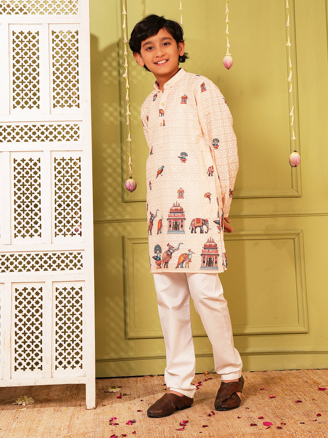 Cream Trendy Printed Chikankari Kurta and Pyjama For Boys