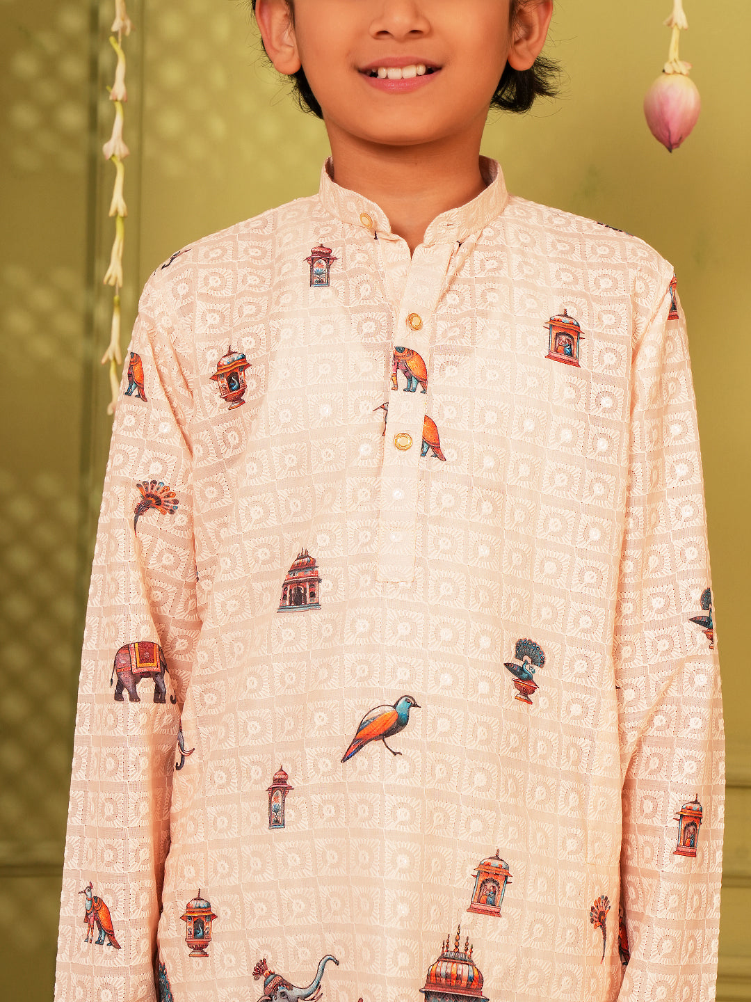 Cream Trendy Printed Chikankari Kurta and Pyjama For Boys