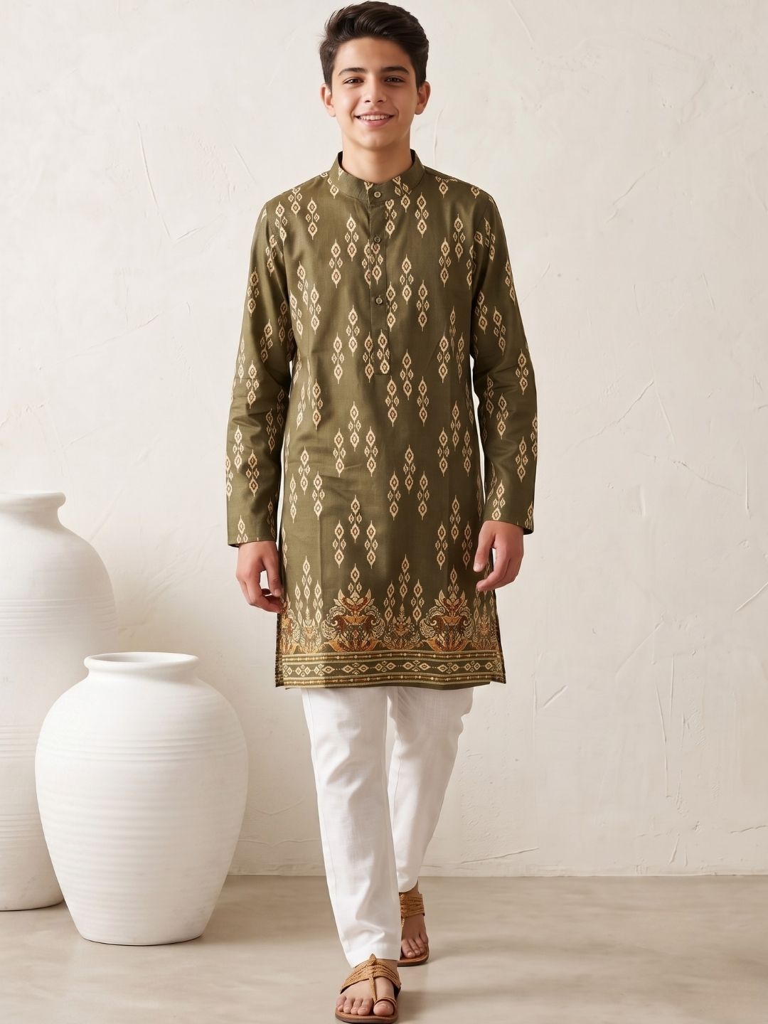 Green Trendy Printed Chikankari Kurta and Pyjama For Boys