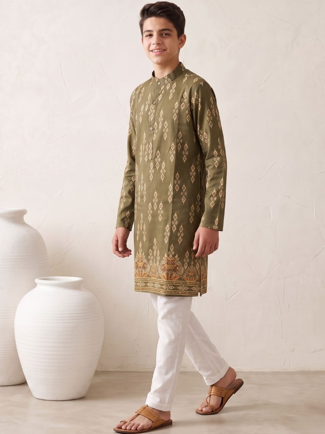 Green Trendy Printed Chikankari Kurta and Pyjama For Boys