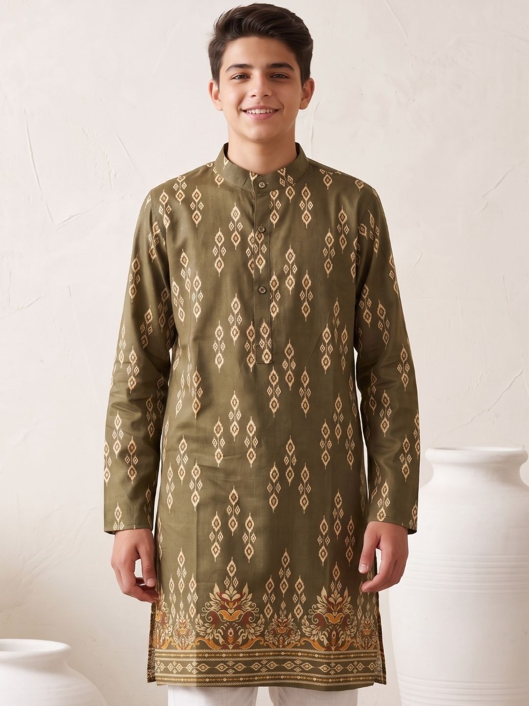Green Trendy Printed Chikankari Kurta and Pyjama For Boys