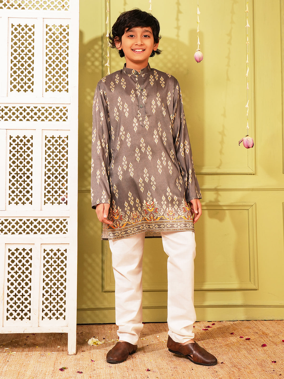 Grey Trendy Printed Chikankari Kurta and Pyjama For Boys