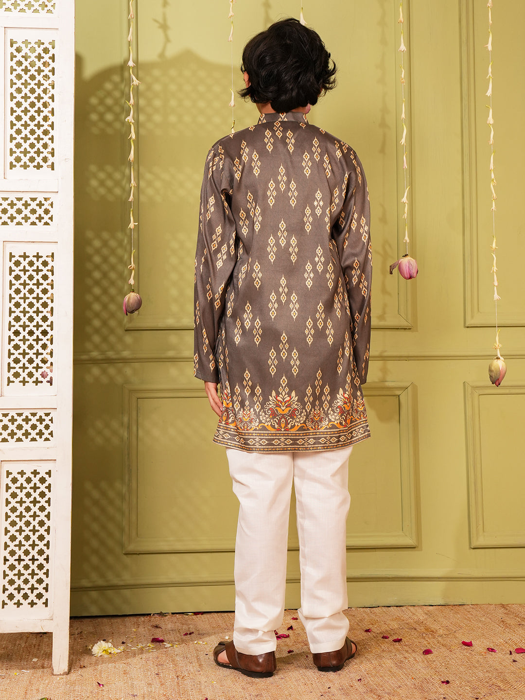 Grey Trendy Printed Chikankari Kurta and Pyjama For Boys