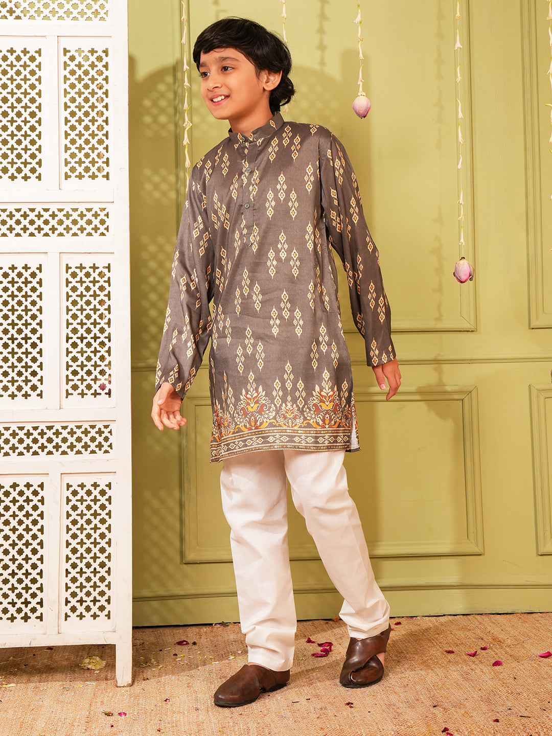 Grey Trendy Printed Chikankari Kurta and Pyjama For Boys