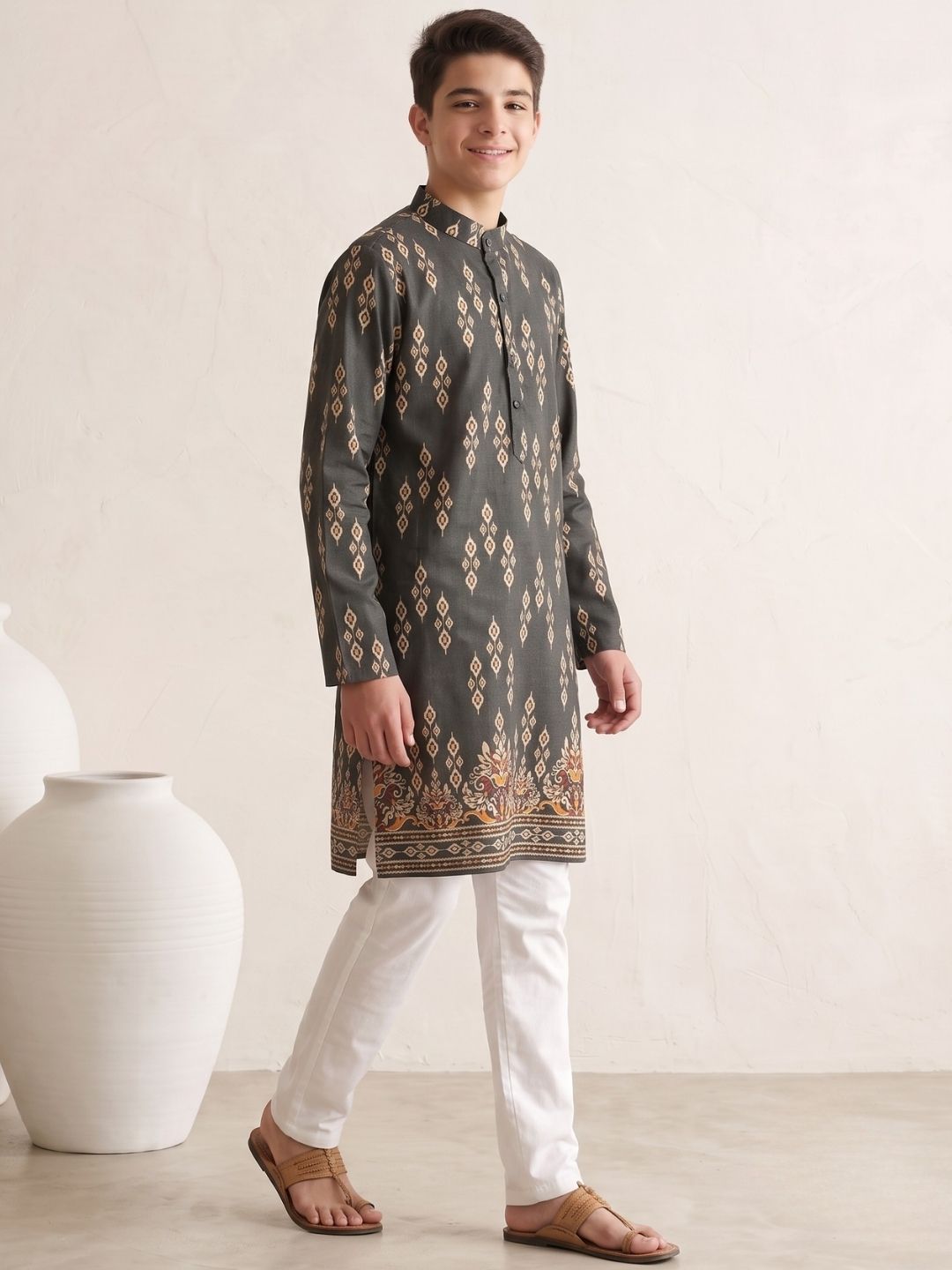 Grey Trendy Printed Chikankari Kurta and Pyjama For Boys