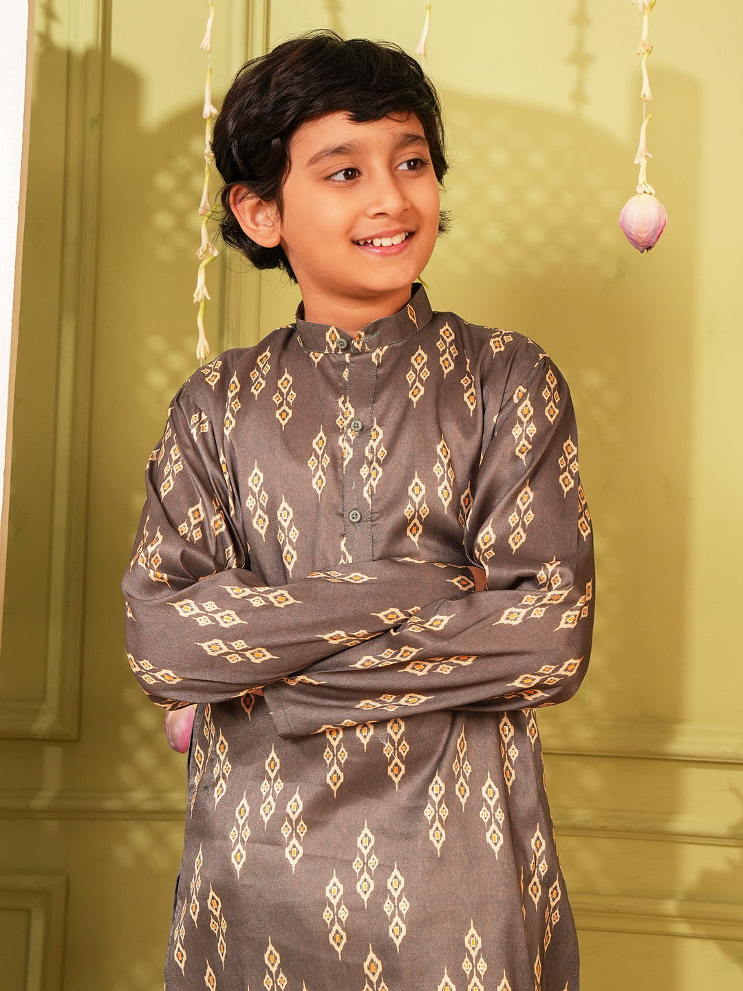 Grey Trendy Printed Chikankari Kurta and Pyjama For Boys
