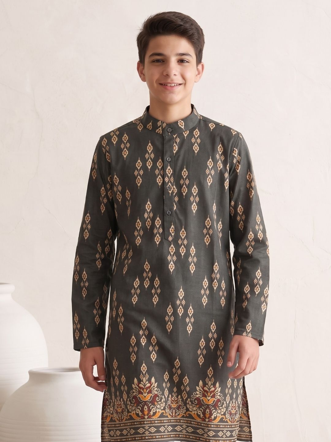 Grey Trendy Printed Chikankari Kurta and Pyjama For Boys