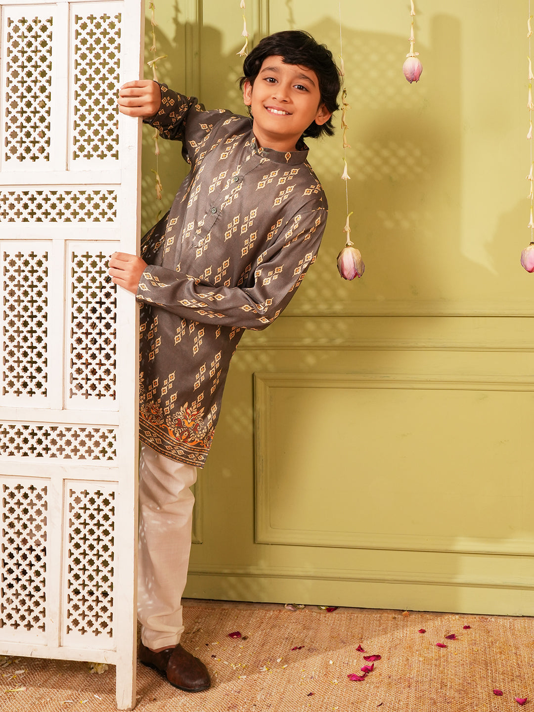 Grey Trendy Printed Chikankari Kurta and Pyjama For Boys