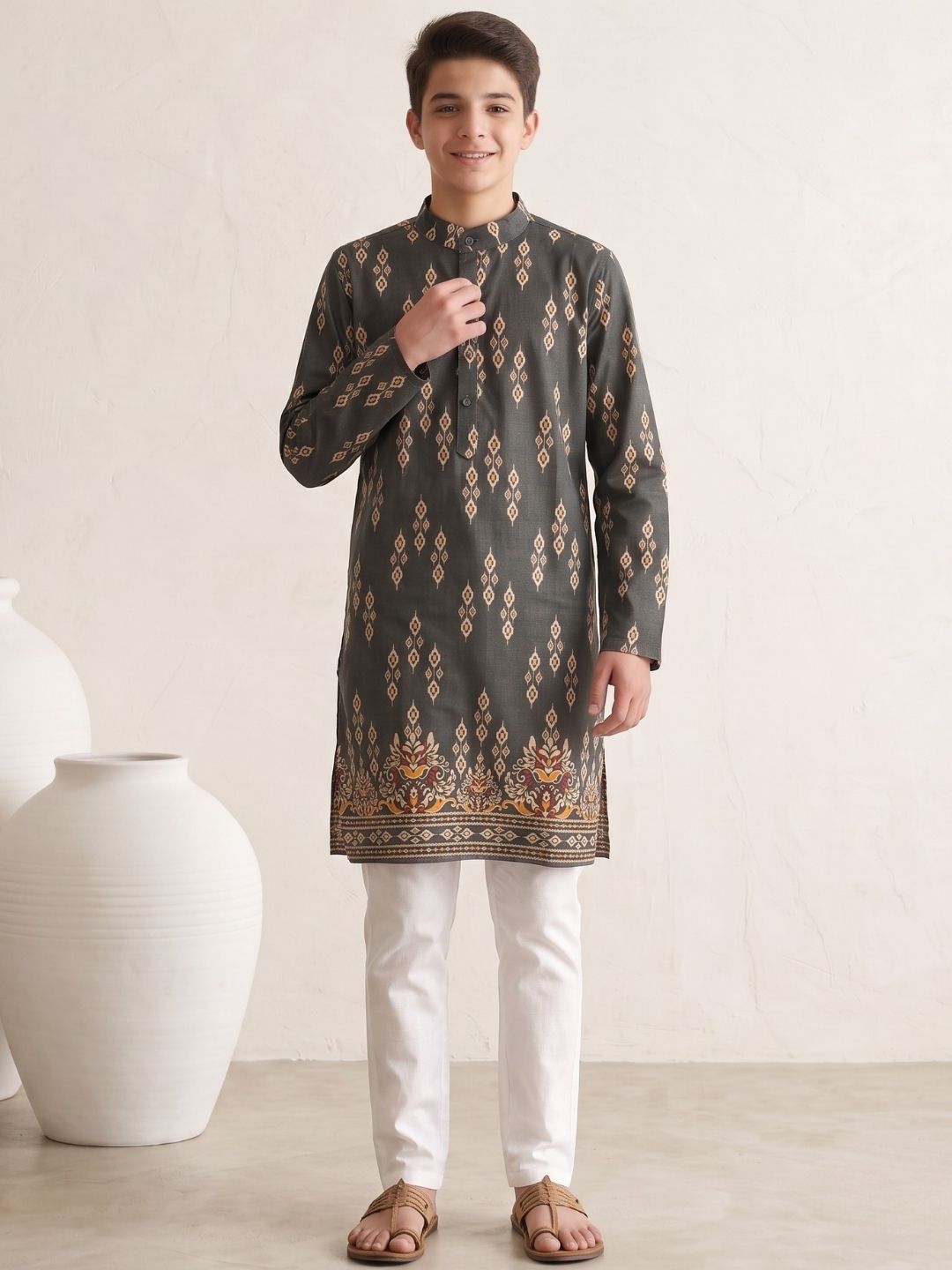 Grey Trendy Printed Chikankari Kurta and Pyjama For Boys