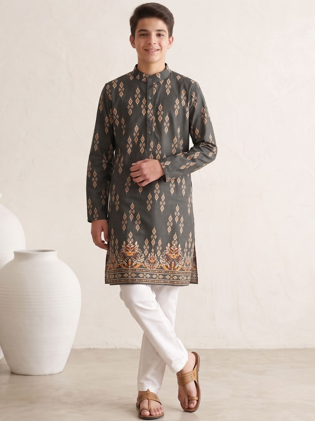 Grey Trendy Printed Chikankari Kurta and Pyjama For Boys