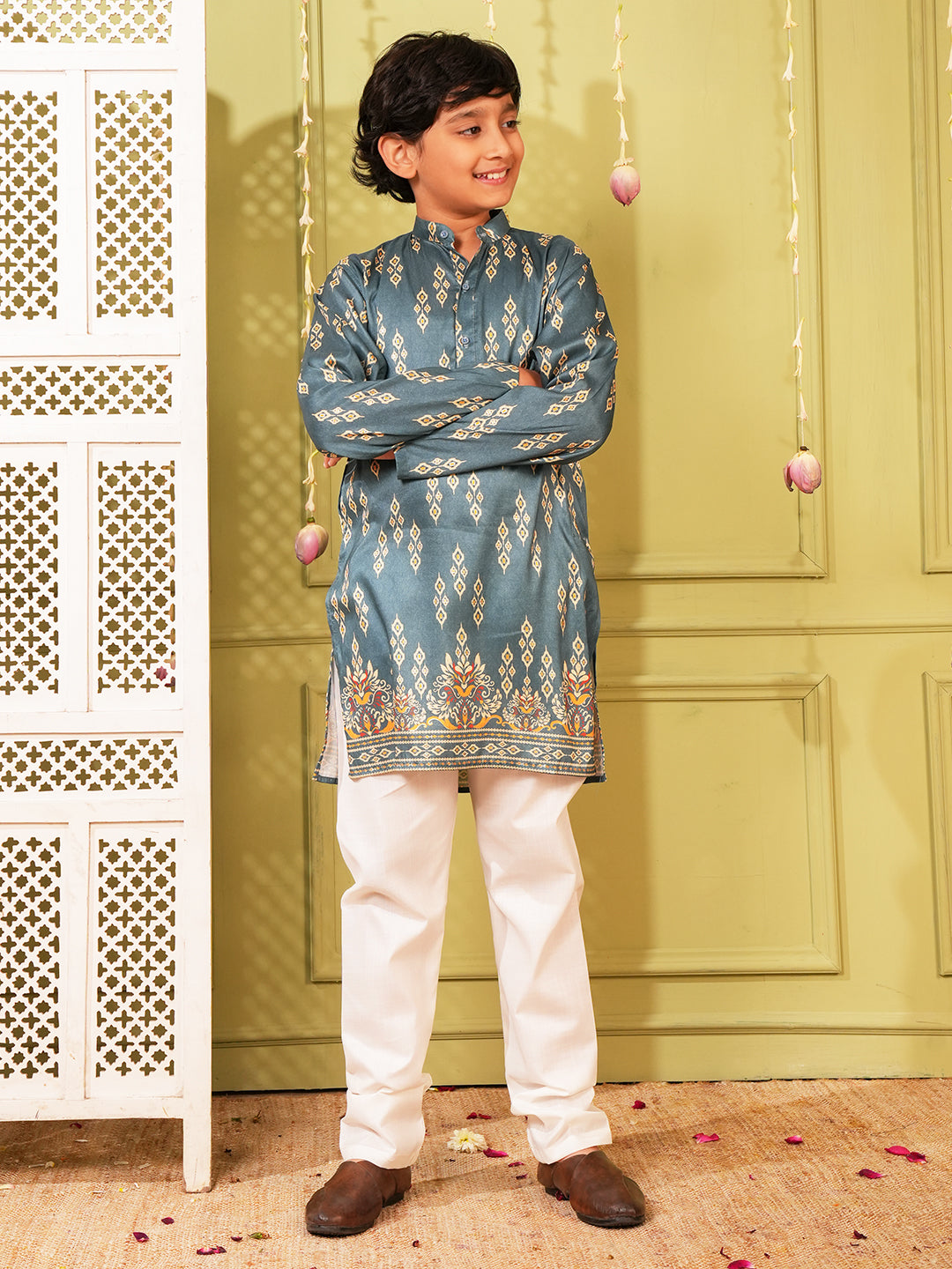 Teal Trendy Printed Chikankari Kurta and Pyjama For Boys