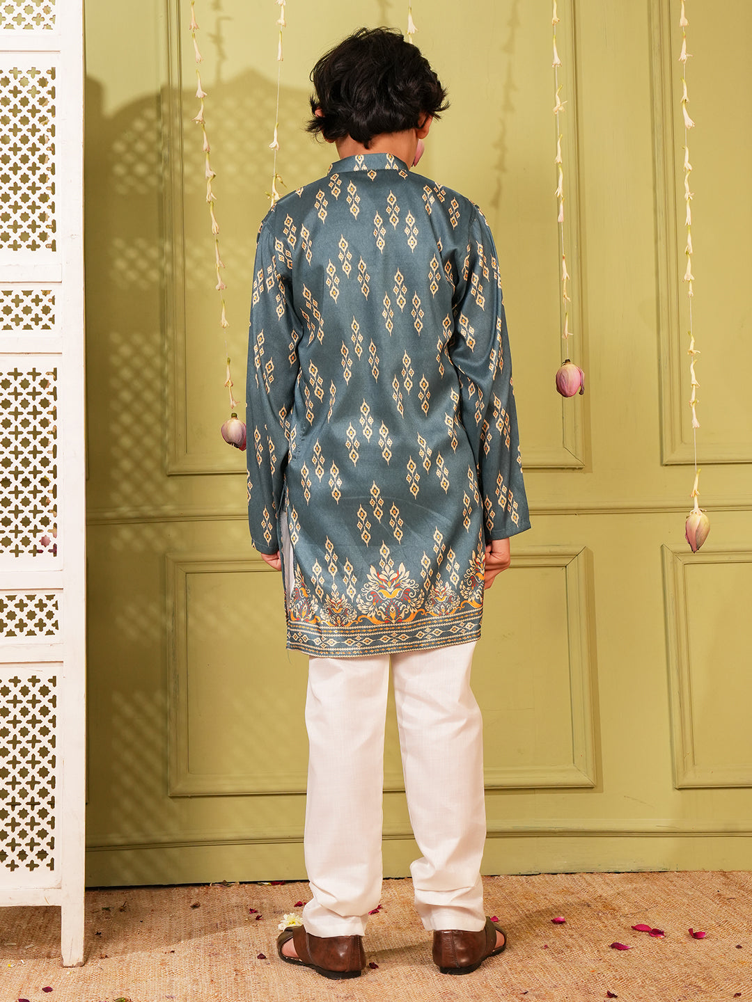 Teal Trendy Printed Chikankari Kurta and Pyjama For Boys